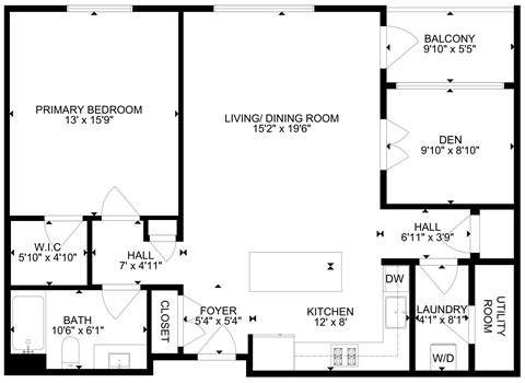 Floor plan for 1 bed, 1 bath, 1000 sqft